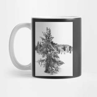 Black and White Shot of Snow-Covered Fir Tree in Frozen Winter Landscape Mug